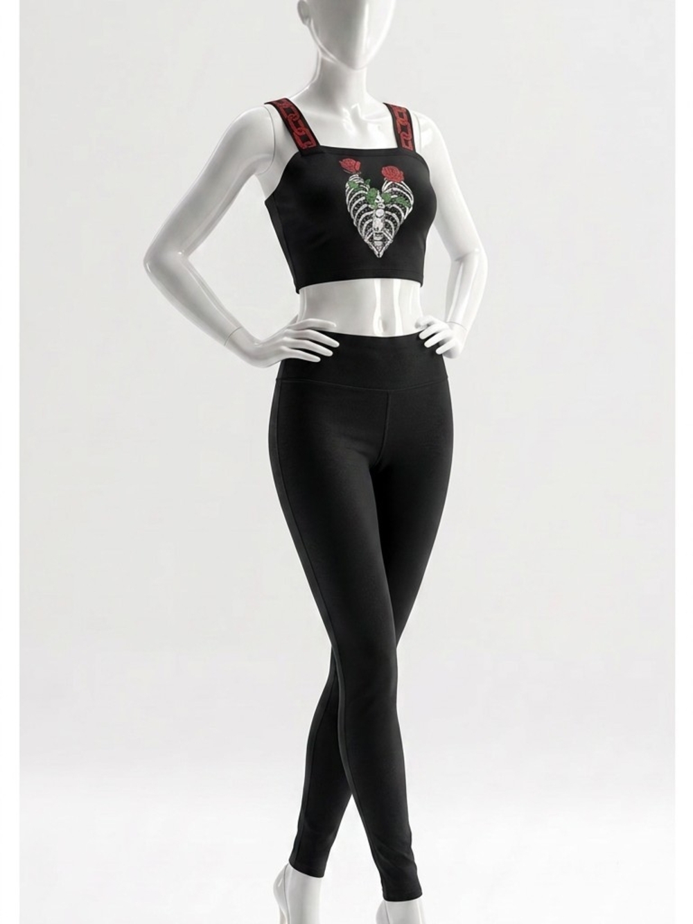 Time and Tru Black High-Waist Leggings with Embroidered Black Crop Top